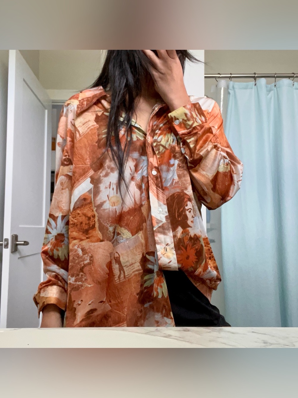 Womens Rust Floral Button-Up Blouse